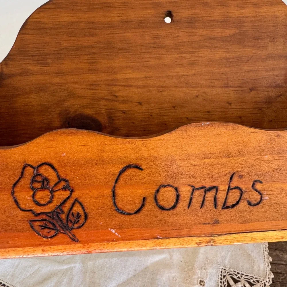 Vintage Wood Burned Wall Hanging Comb Box Organizer Rose Pyrography Rustic Decor